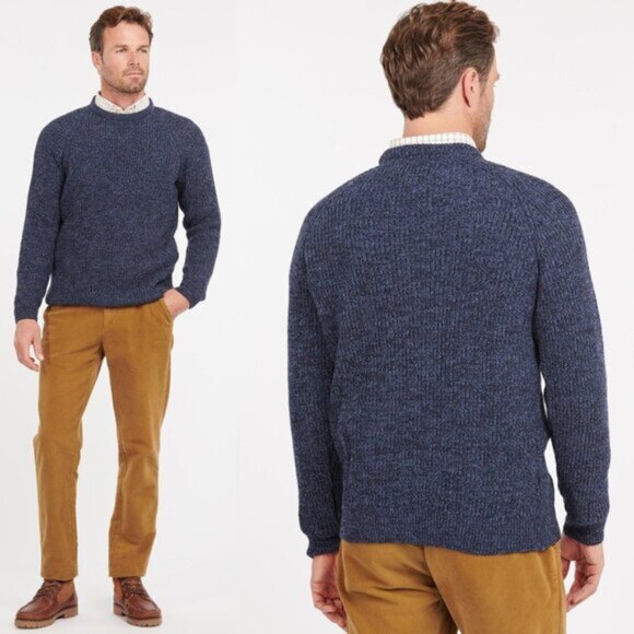 Barbour Heathered Blue 100% Wool Ribbed Knit Horseford Crewneck Sweater - Picture 1 of 7